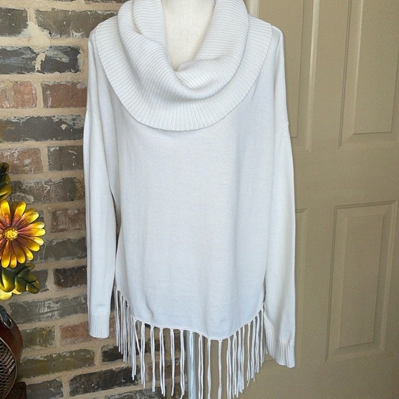 Michael Kors Cream White Cotton Statement Fringe Sweater Shawl Funnel Collar LRG - Picture 14 of 15